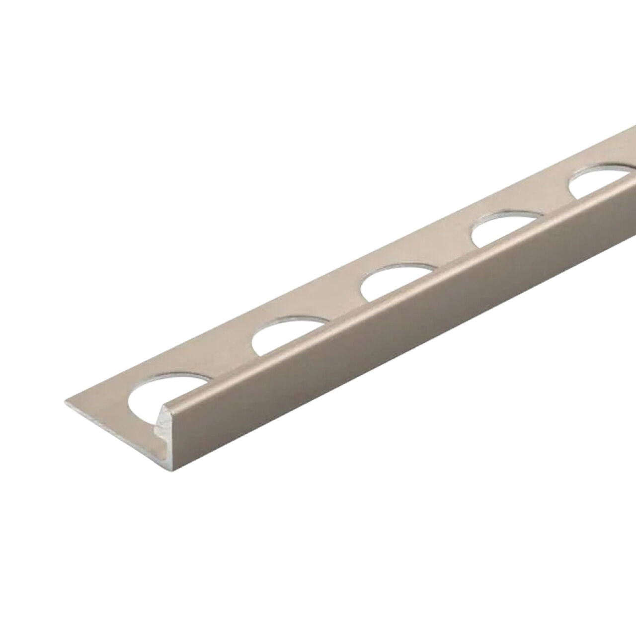 The Go Build 3/8 in. x 98-1/2 in. Aluminum L-Shaped Metal Edging Trim in Satin Nickel features a right-angle profile with round cutouts, ideal for finishing tile edges or creating clean floor transitions.